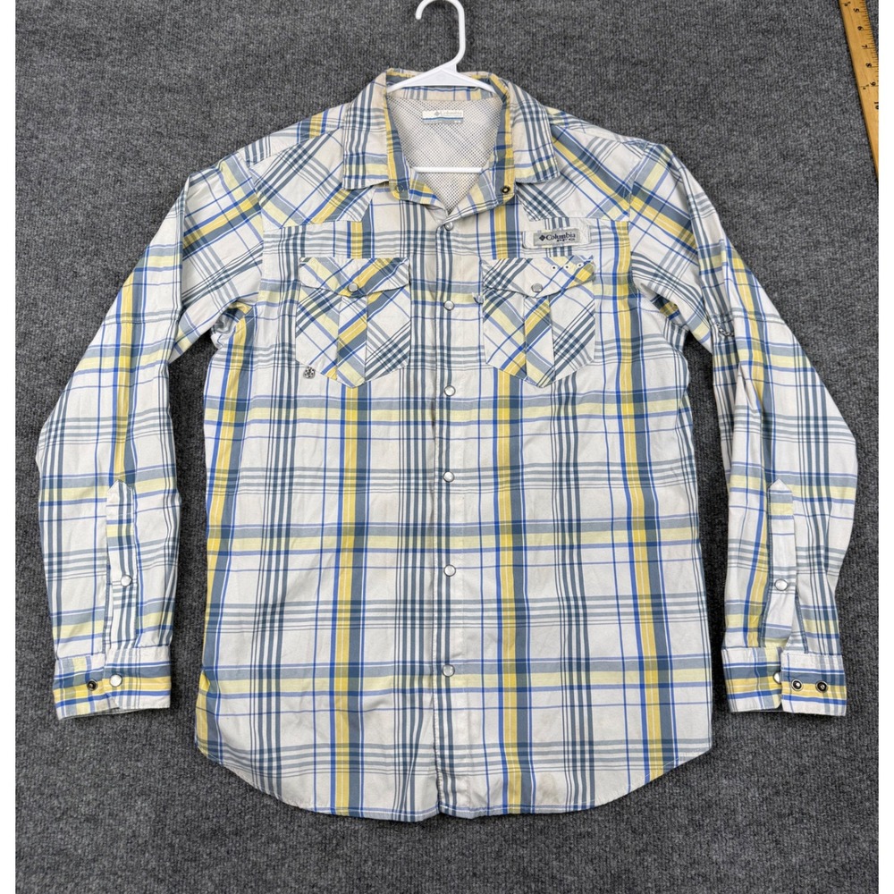 Columbia PFG Mens Medium Plaid Long Sleeve Snap Fishing Shirt White Blue‎ Yellow